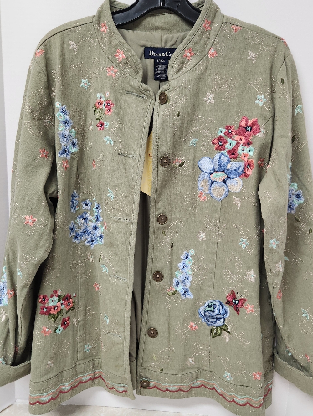 Denim & Co Sage Green Denim Embroidered Floral Jacket Sz Large New